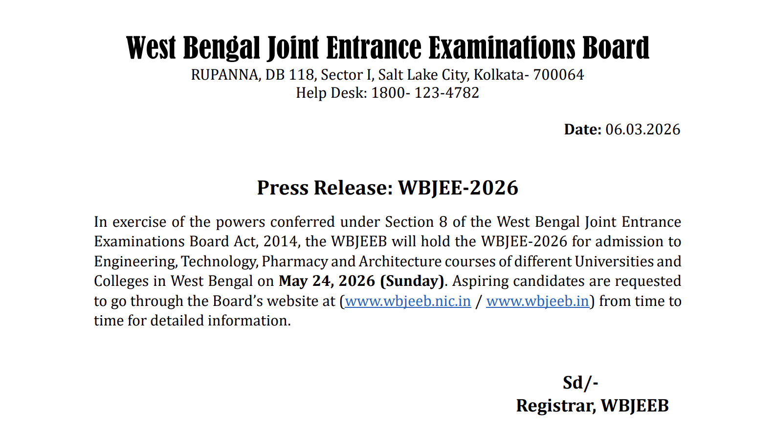 WBJEE 2026 Notice