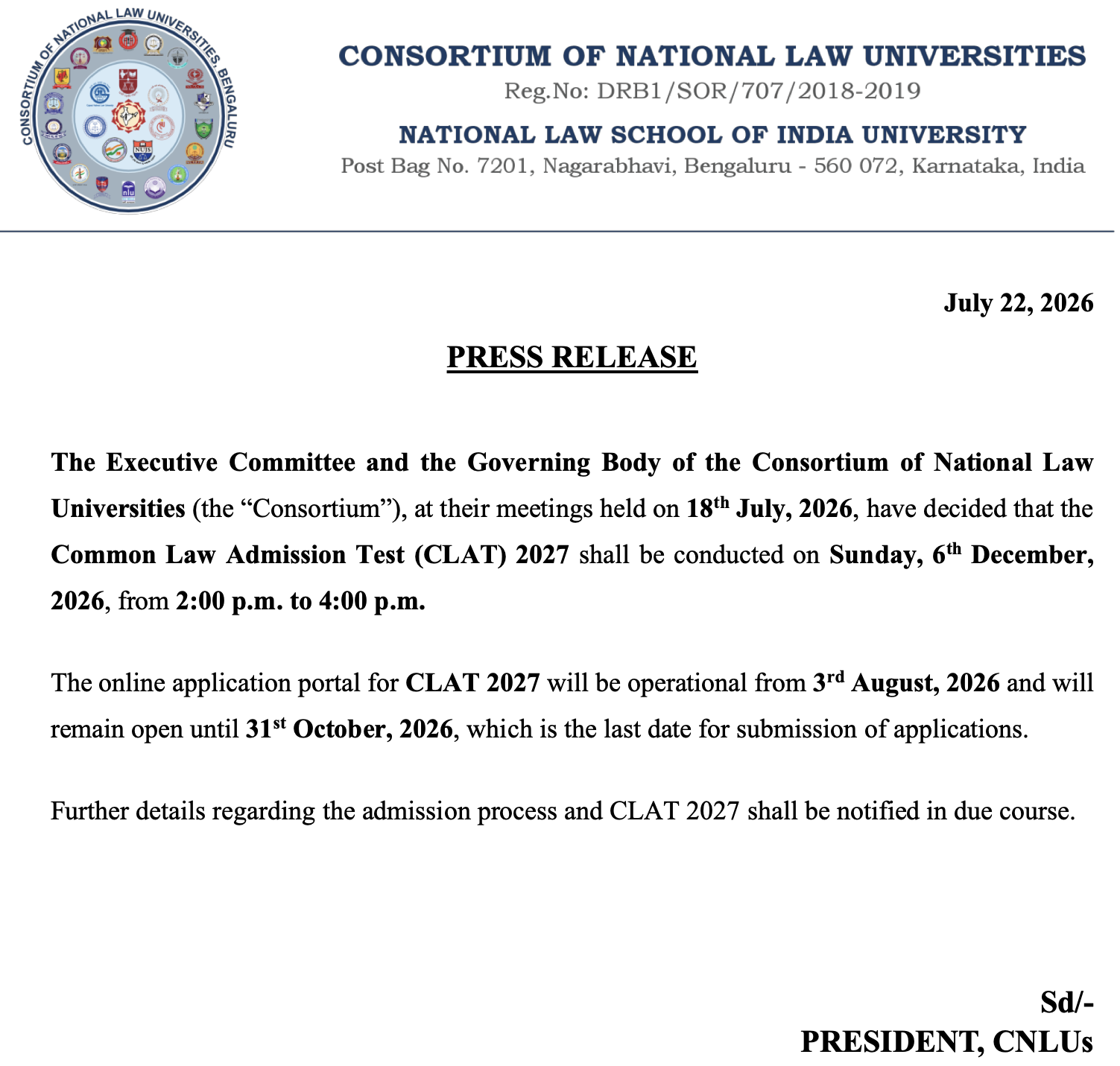 CLAT 2027 Press Release