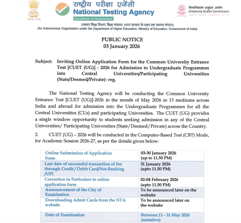 CUET Notification 2026 PDF