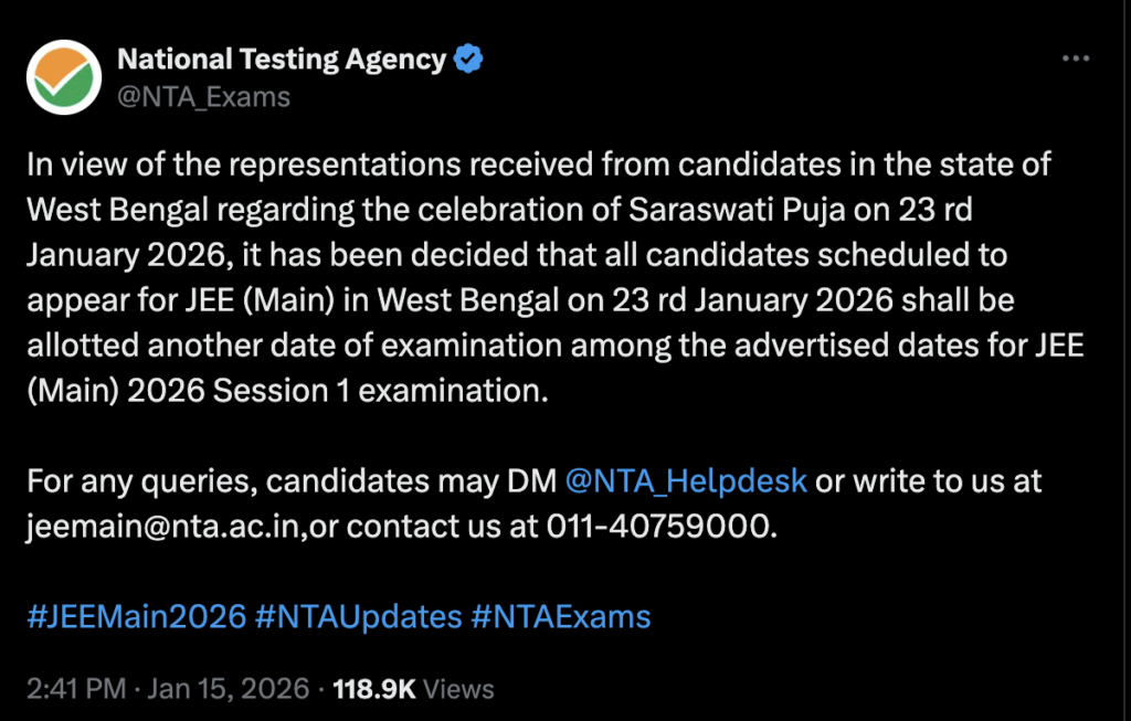 JEE Main Date Postponed for WB state