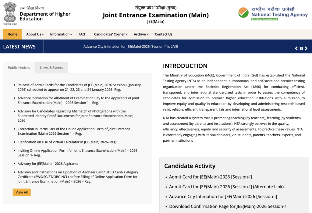 JEE Main Admit Card Download Step 1