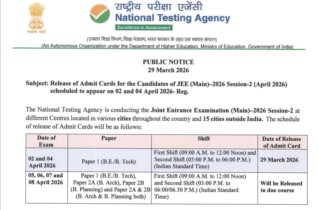 JEE Main 2026 Exam Shifts & Timing, Check Session 2 Time Table